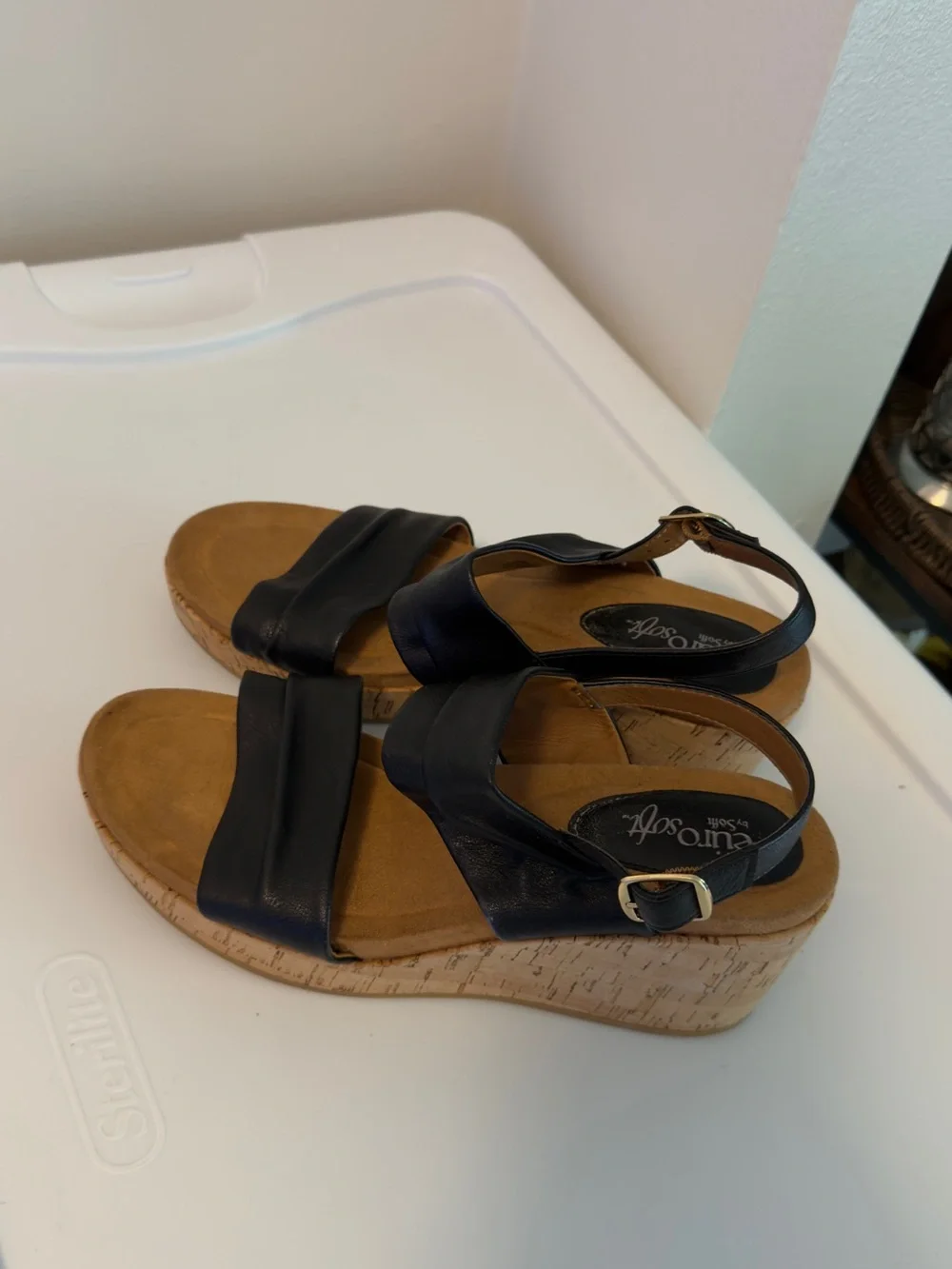 Women’s Black Leather Cork Wedge Sandals